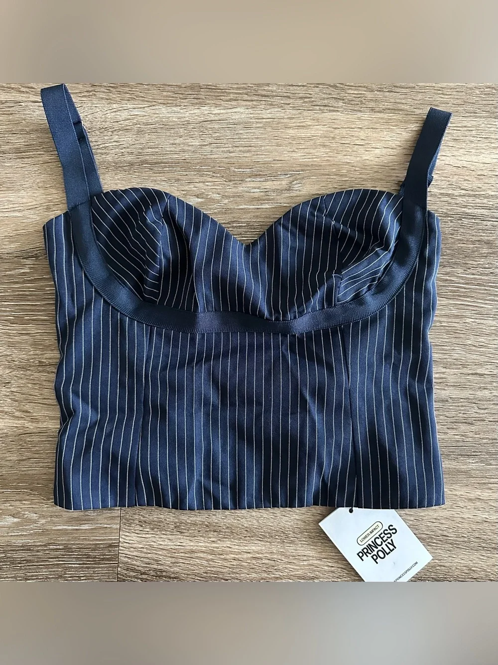 Princess Polly Briana Set Navy Pinstripe Bustier Crop Top & Wide Leg Pant US 6